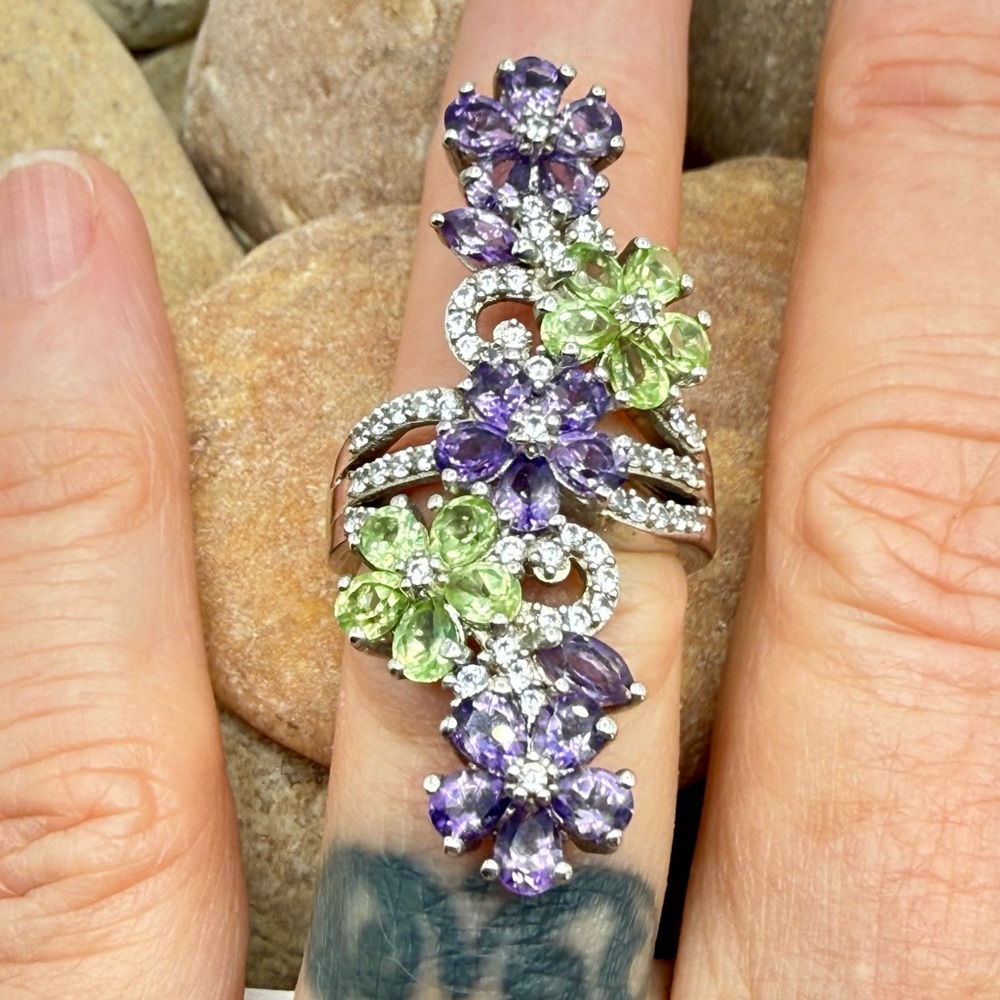 Amethyst Peridot Floral Cocktail Ring 5ctw Platinum SS Sz 6 NWT - Picture 14 of 16
